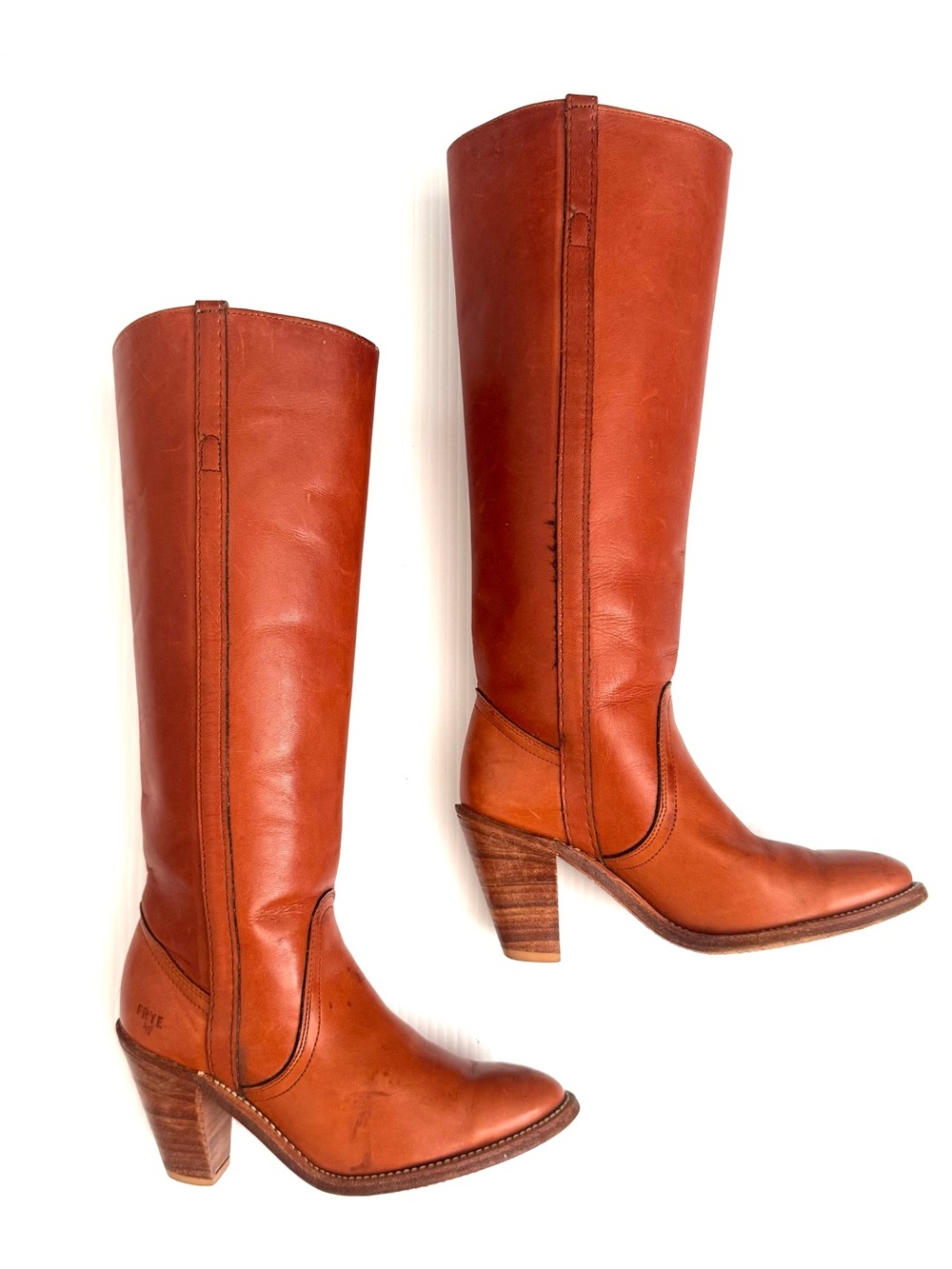 Frye Vintage Made in USA Tall Cognac Leather Boots Block Heel Women’s 6.5 B
